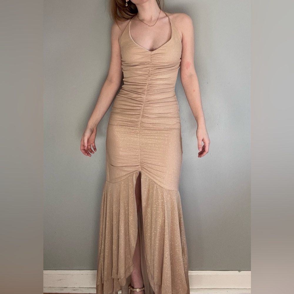 Gold Sparkly Halter Ruched Prom Dress